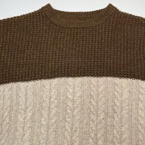 J Crew Cable Knit Waffle Sweater M Merino Wool Blend Oatmeal Brown Colorblock